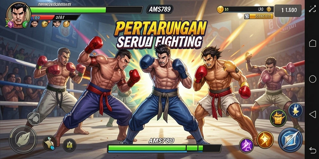 Screenshot utama AMS789 menampilkan pertarungan intens antar karakter Fighting.