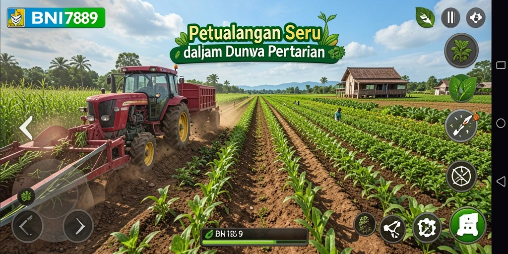 Screenshot gameplay BNI789 menunjukkan petani sedang menggunakan traktor di ladang.