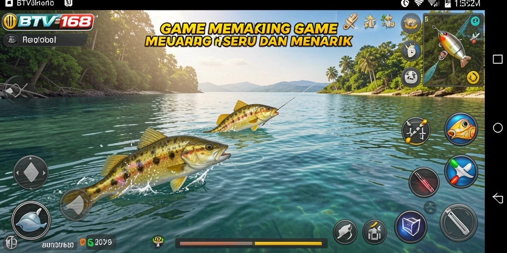 Screenshot utama BTV168 menampilkan aksi memancing yang mendebarkan dengan latar belakang laut.
