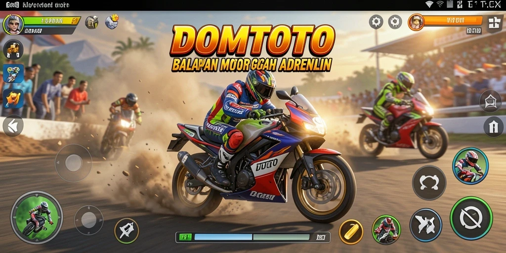 Screenshot menunjukkan aksi balap motor seru di DOMTOTO.