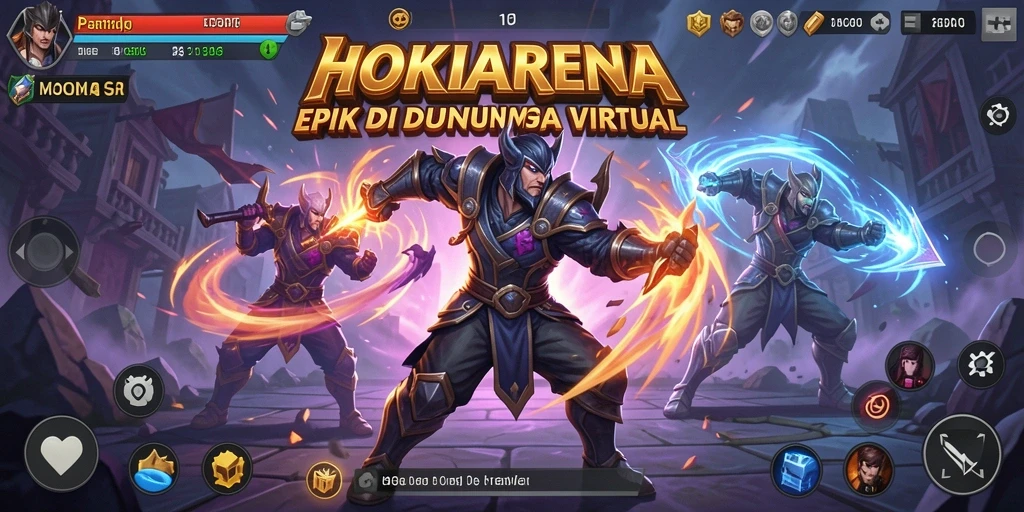 Screenshot HOKIARENA menampilkan pertarungan intens antar karakter di arena.