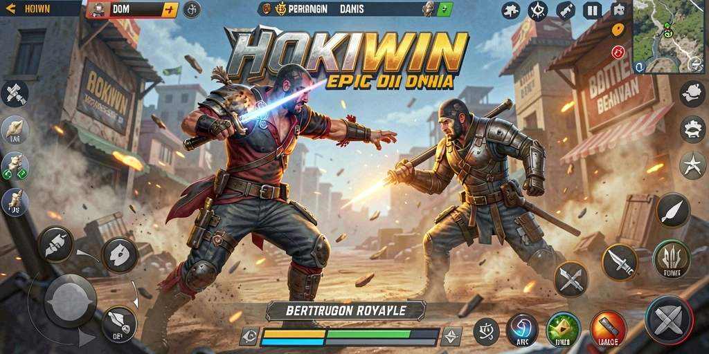 Tampilan gameplay HOKIWIN yang menegangkan di arena Battle Royale.