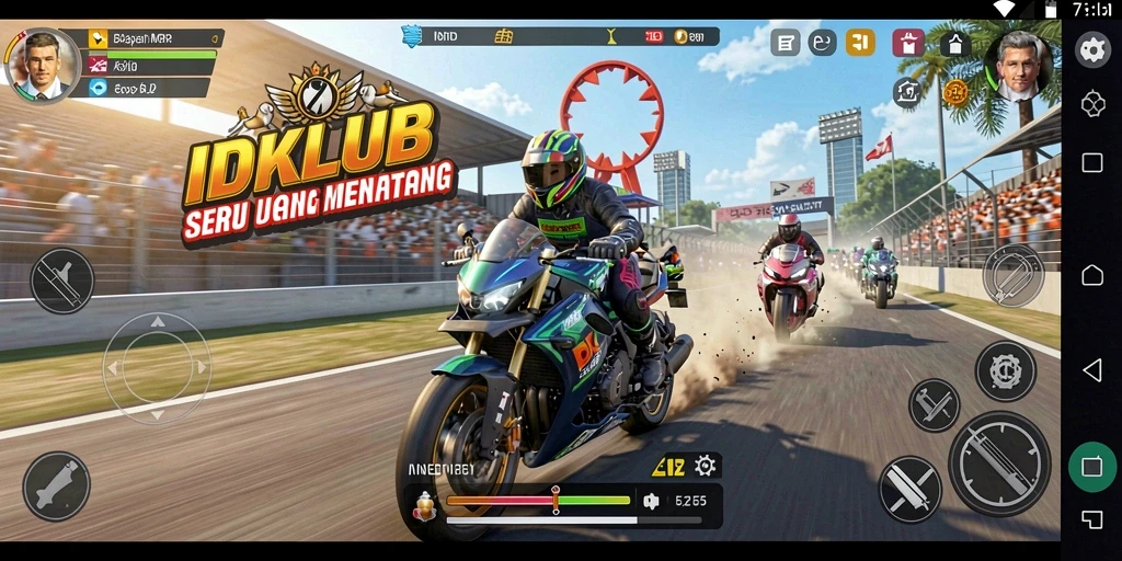 Tampilan gameplay seru dalam IDKLUB saat balapan motor.