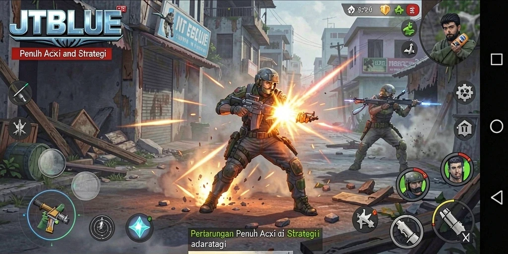 Tampilan gameplay JTBLUE yang intens dan penuh aksi di arena pertarungan.