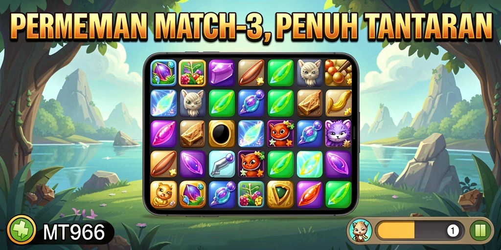 Screenshot utama MT966 menampilkan kombinasi objek Match-3 yang menakjubkan.