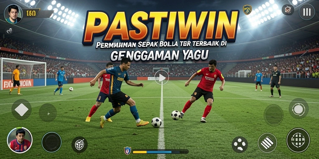Tampilan gameplay PASTIWIN dengan aksi sepak bola yang intens.