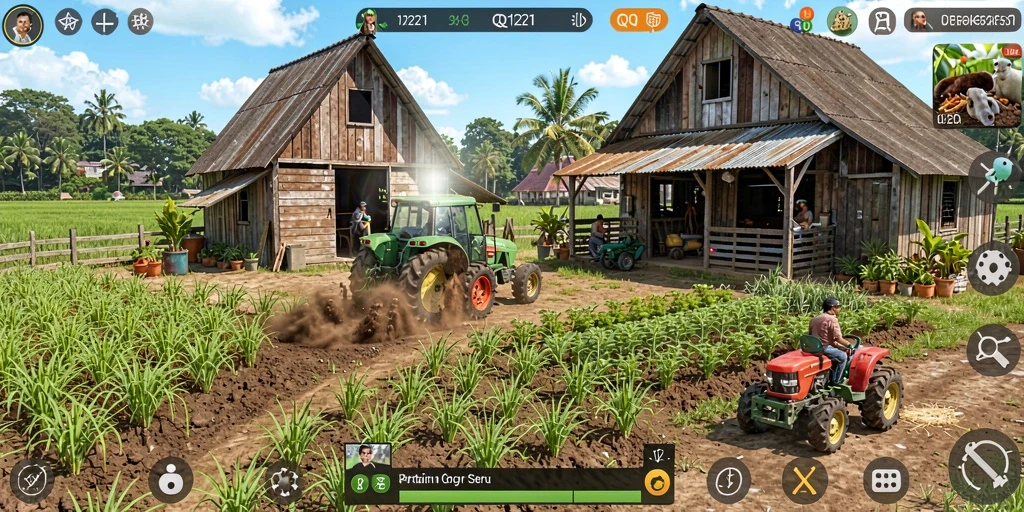 Tampilan gameplay QQ1221 yang menampilkan pengalaman bertani yang seru.